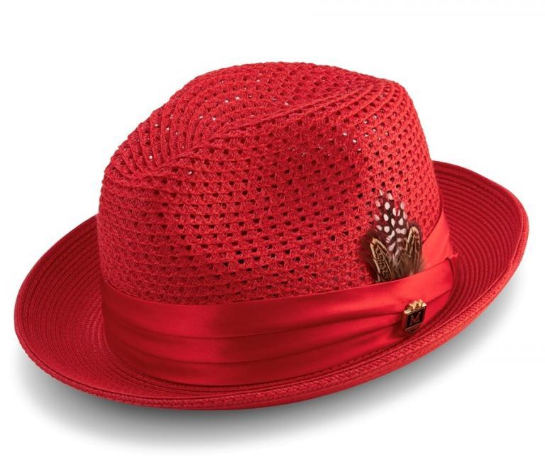 Montique H-34 Mens Straw Fedora Hat Red - Abby Fashions