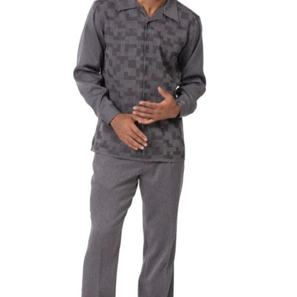 Fortino Landi Men's 2-Piece Walking Suit - Long Sleeve Check Shirt & Solid Pants Set #2766