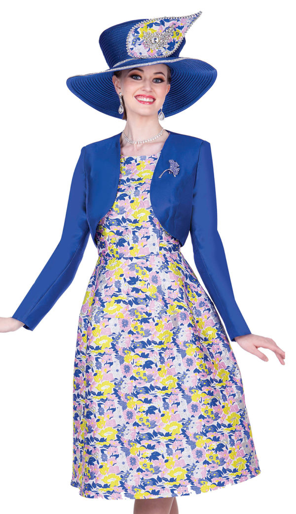 champagne-5316-ry-royal-blue-floral-print-dress-with-bolero-jacket-and-jewel-brooch