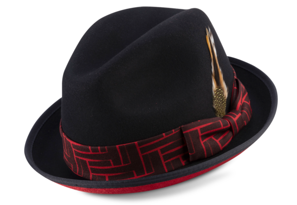 Montique H 2177 Matching Felt Hat Black Red Mens Godfather Hat 600x414, Abby Fashions