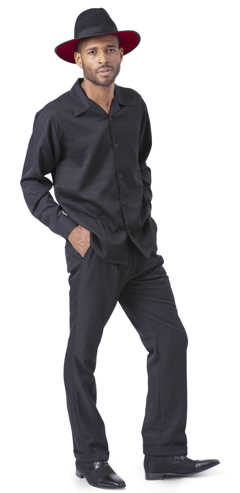 Montique Mens Walking Suits 2290 Black Solid Mens 2pc Leisure Suits, Abby Fashions