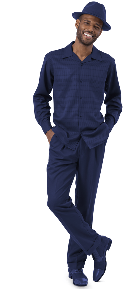 Montique Mens Walking Suits 2290 Navy Solid Mens 2pc Leisure Suits, Abby Fashions