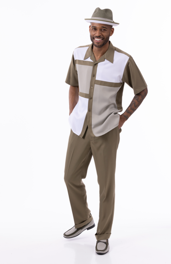 montique-2317-mens-walking-suits-olive-color-block-short-sleeve-mens-two-piece-leisure-suits
