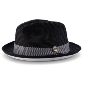 montique-h-2317-mens-straw-hat-black-white-bottom-braided-stingy-brim-pinch-fedora-matching-hat