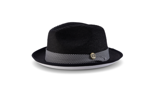 montique-h-2317-mens-straw-hat-black-white-bottom-braided-stingy-brim-pinch-fedora-matching-hat