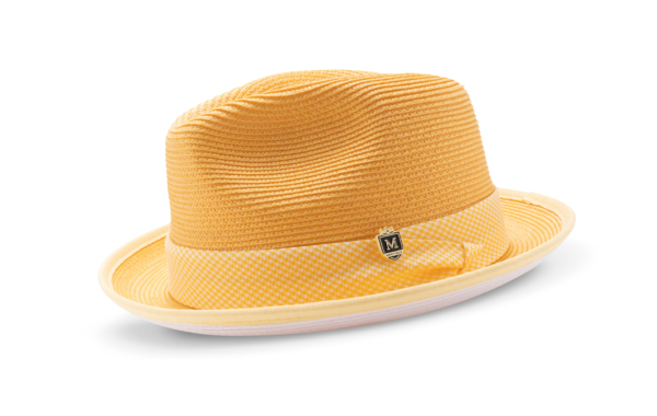 montique-h-2317-mens-straw-hat-canary-white-bottom-braided-stingy-brim-pinch-fedora-matching-hat