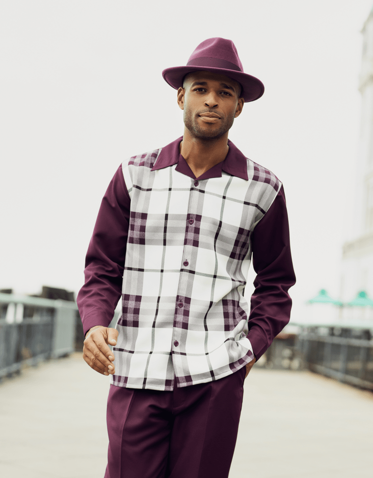 Montique 2355 Walking Suit in Blackberry – plaid design, long sleeve, stylish leisure suit