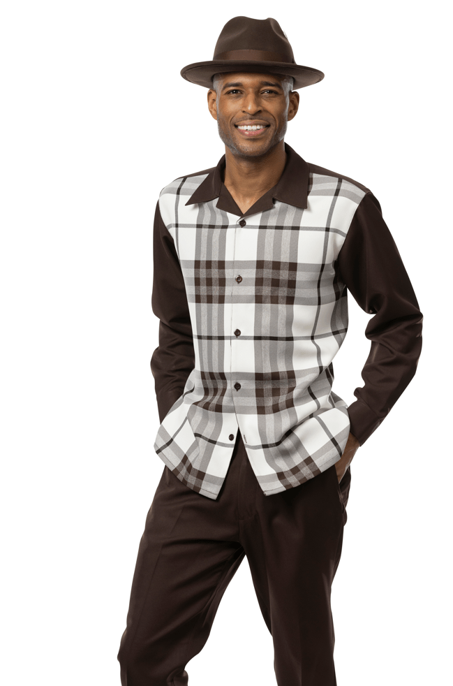 Montique 2355 Walking Suit in Brown – plaid design, long sleeve, men’s clearance leisure suit