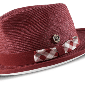 montique-h-2421-mens-straw-hat-burgundy-braided-stingy-brim-pinch-fedora-matching-hat