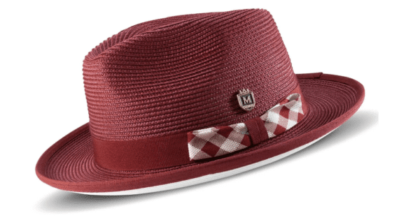 montique-h-2421-mens-straw-hat-burgundy-braided-stingy-brim-pinch-fedora-matching-hat