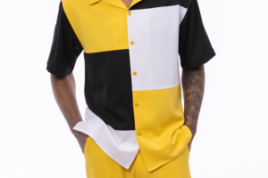 montique-2519-mens-walking-suits-canary-black-color-block-short-sleeve-mens-leisure-suit