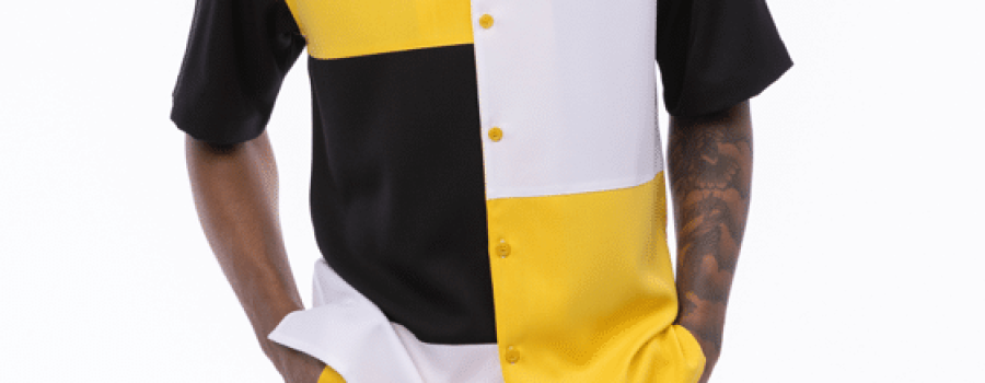 montique-2519-mens-walking-suits-canary-black-color-block-short-sleeve-mens-leisure-suit
