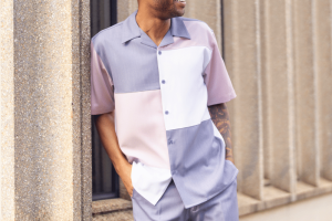montique-2519-mens-walking-suits-gunmetal-mauve-color-block-short-sleeve-mens-leisure-suits
