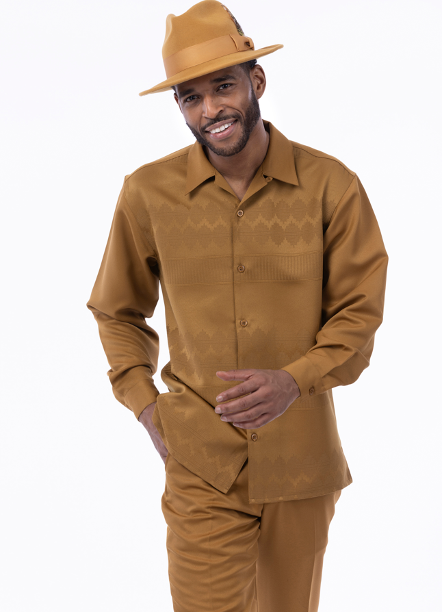 Montique 2596 mustard walking suit styled for casual gatherings