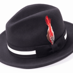 montique-h-100-black-mens-fedora-hat-soft-wool-felt-with-white-band-and-red-feather-2-inches-brim