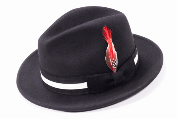 montique-h-100-black-mens-fedora-hat-soft-wool-felt-with-white-band-and-red-feather-2-inches-brim