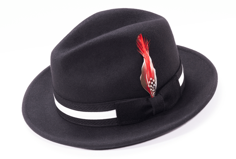 montique-h-100-black-mens-fedora-hat-soft-wool-felt-with-white-band-and-red-feather-2-inches-brim