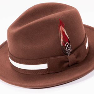 montique-h-100-brown-mens-fedora-hat-soft-wool-felt-with-white-band-and-red-feather-2-inches-brim