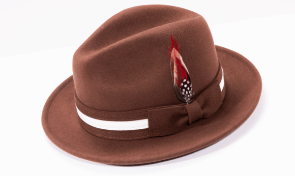 montique-h-100-brown-mens-fedora-hat-soft-wool-felt-with-white-band-and-red-feather-2-inches-brim