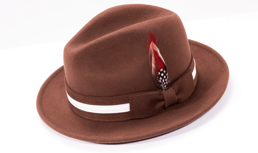 montique-h-100-brown-mens-fedora-hat-soft-wool-felt-with-white-band-and-red-feather-2-inches-brim