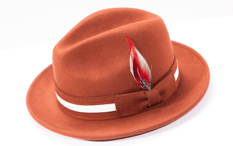montique-h-100-cognac-mens-fedora-hat-soft-wool-felt-with-white-band-and-red-feather-2-inches-brim