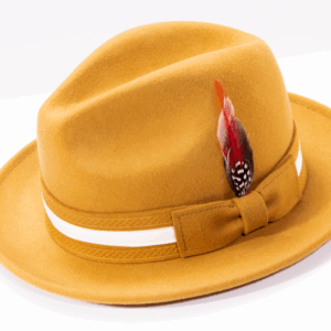 montique-h-100-gold-mens-fedora-hat-soft-wool-felt-with-white-band-and-red-feather-2-inches-brim