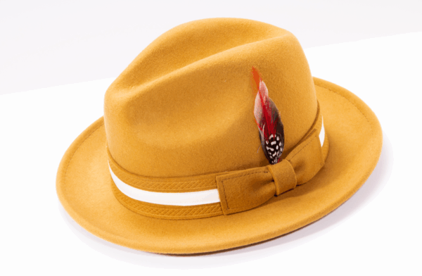 montique-h-100-gold-mens-fedora-hat-soft-wool-felt-with-white-band-and-red-feather-2-inches-brim