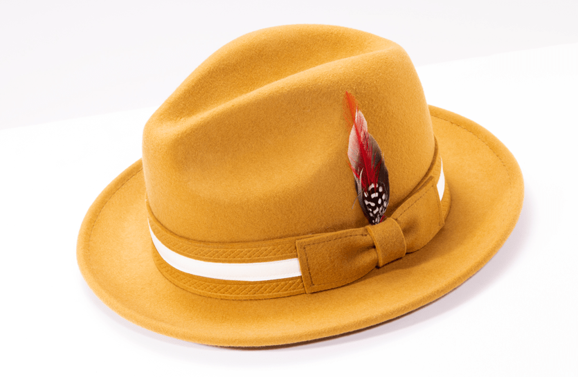 montique-h-100-gold-mens-fedora-hat-soft-wool-felt-with-white-band-and-red-feather-2-inches-brim