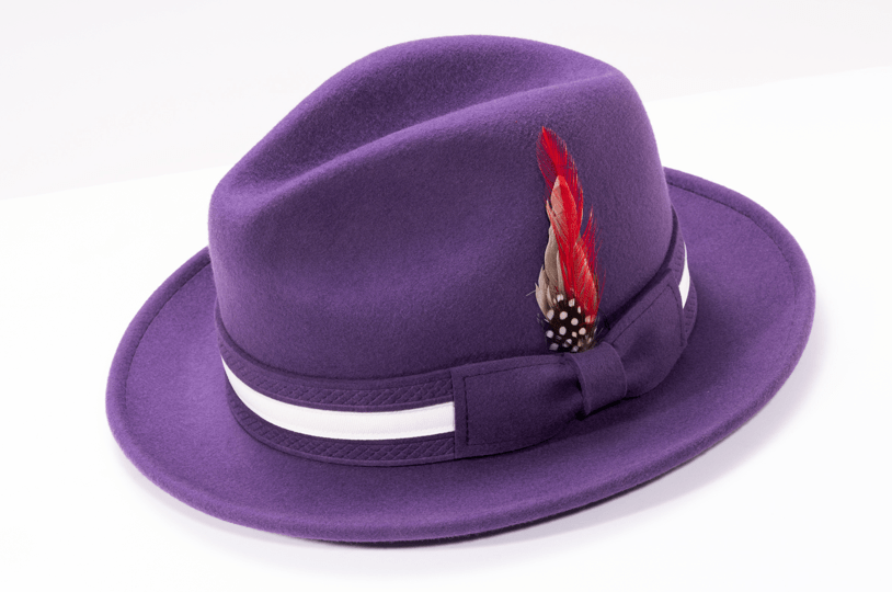 Montique H-100 Mens Fedora Hat - Soft Wool Felt With White Band And Red Feather - 2 Inches Brim - Image 7