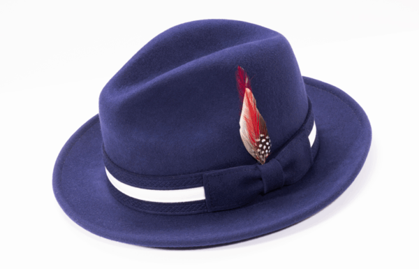 montique-h-100-navy-mens-fedora-hat-soft-wool-felt-with-white-band-and-red-feather-2-inches-brim.