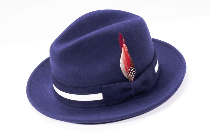montique-h-100-navy-mens-fedora-hat-soft-wool-felt-with-white-band-and-red-feather-2-inches-brim.
