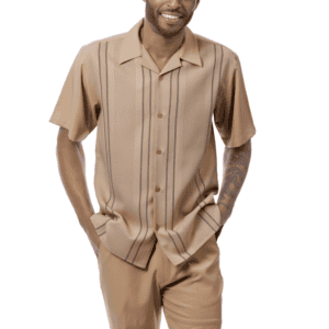 montique-2615-beige-mens-walking-suits-vertical-strip-pattern-2-piece-short-sleeve-mens-leisure-suits