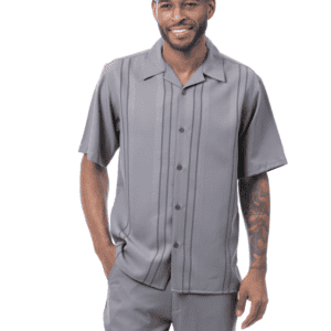 montique-2615-grey-mens-walking-suits-vertical-strip-pattern-2-piece-short-sleeve-mens-leisure-suits