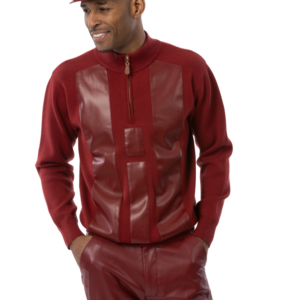 montique-sw-104-mens-sweater-burgundy-solid-with-stripped-soft-leather-design-knit-quarter-zip-sweater-dressy-casual-men-sweater